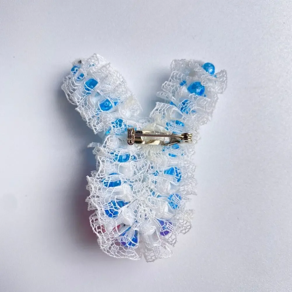 Easter Bunny Brooch Handmade Lace Beaded Rabbit Pin Cute Spring